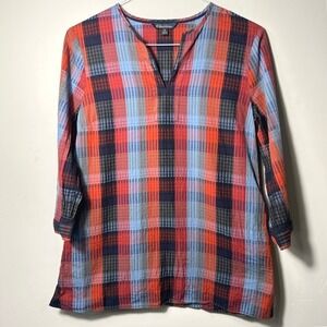 Brooks Brothers Women's Split Neck Plaid Tunic Navy Orange Sky Office Casual